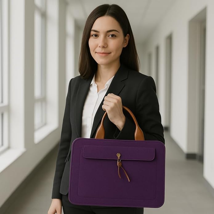 Tannero Professional Felt Laptop Bag, Brown Leather Handles, Business Briefcase, Upto 15.6 inch laptop (Purple)