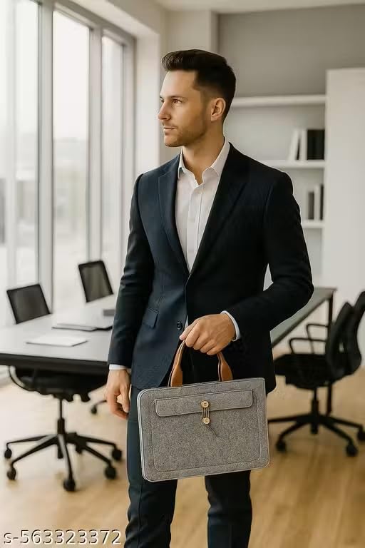 Tannero Professional Felt Laptop Bag, Brown Leather Handles, Business Briefcase, Upto 15.6 inch laptop (Grey Melange)