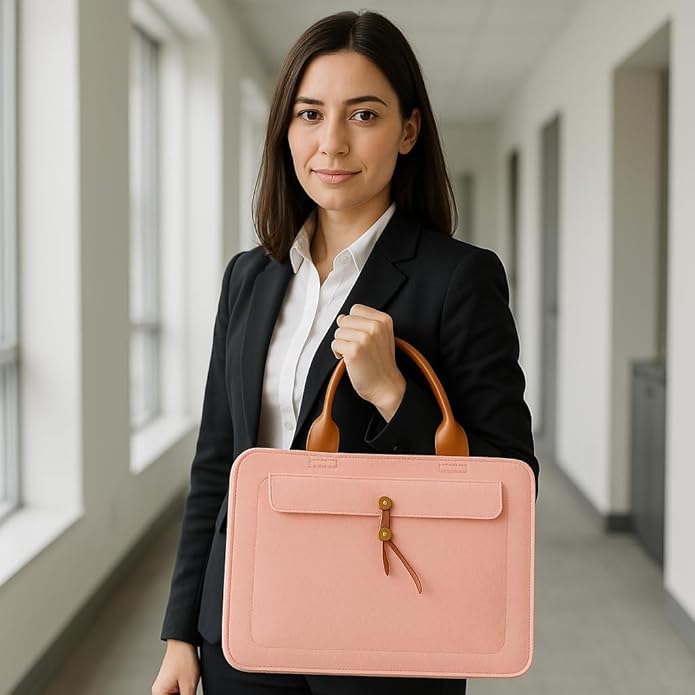 Tannero Professional Felt Laptop Bag, Brown Leather Handles, Business Briefcase, Upto 15.6 inch laptop (Pink)