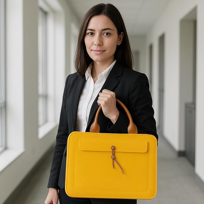 Tannero Professional Felt Laptop Bag, Brown Leather Handles, Business Briefcase, Upto 15.6 inch laptop (Yellow)