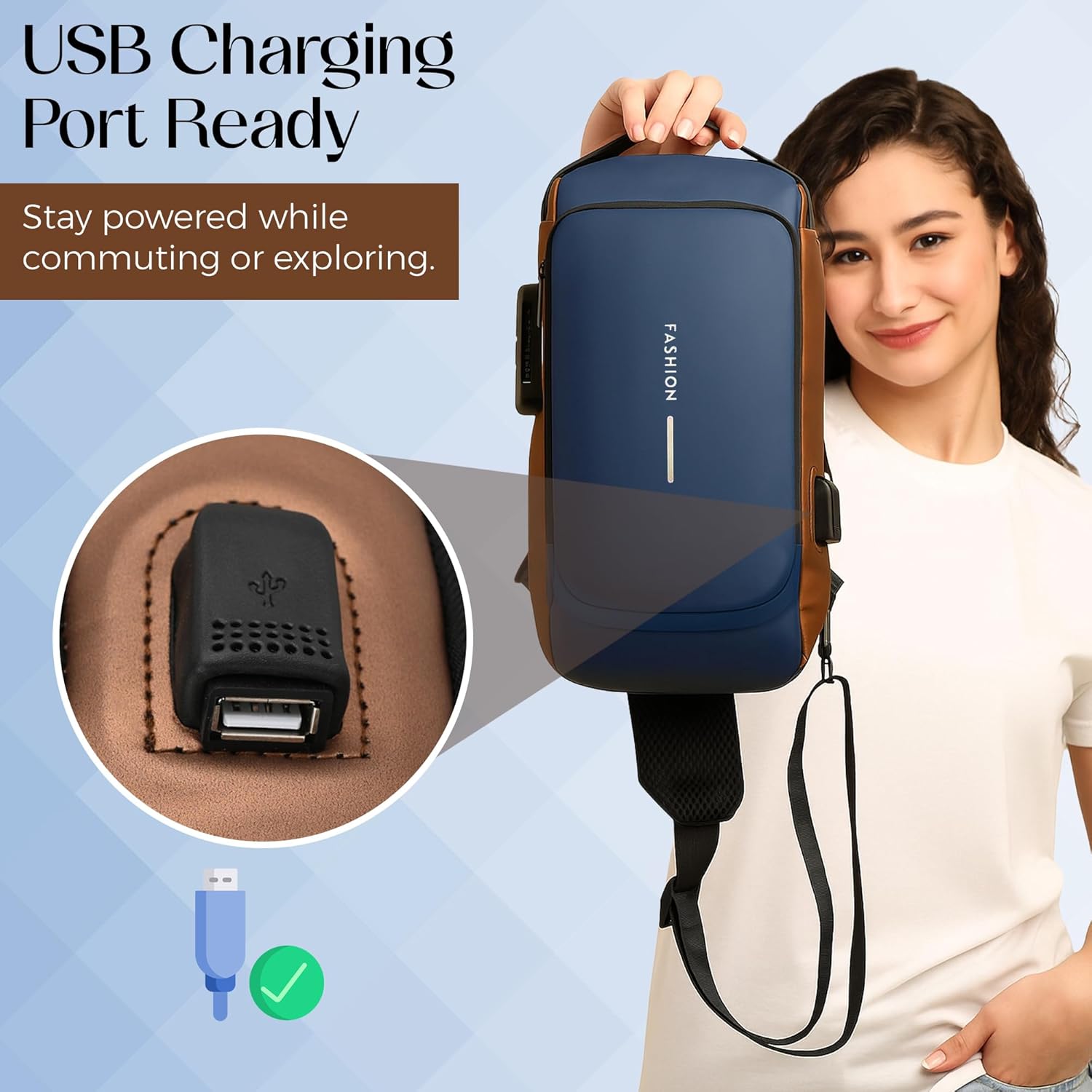 Tannero Blue Urban Anti-Theft Sling Bag with Lock, USB Port & PU Strap