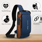Tannero Blue Urban Anti-Theft Sling Bag with Lock, USB Port & PU Strap