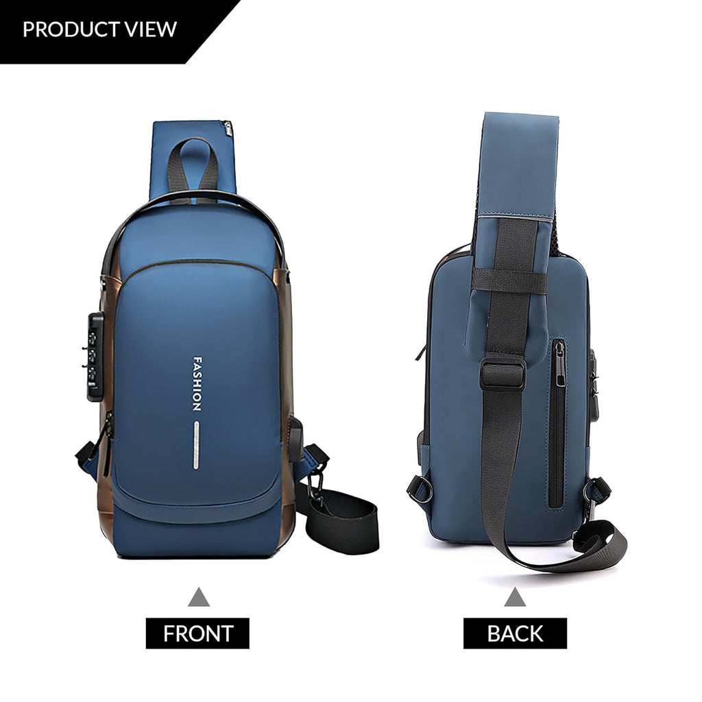 Tannero Blue Urban Anti-Theft Sling Bag with Lock, USB Port & PU Strap