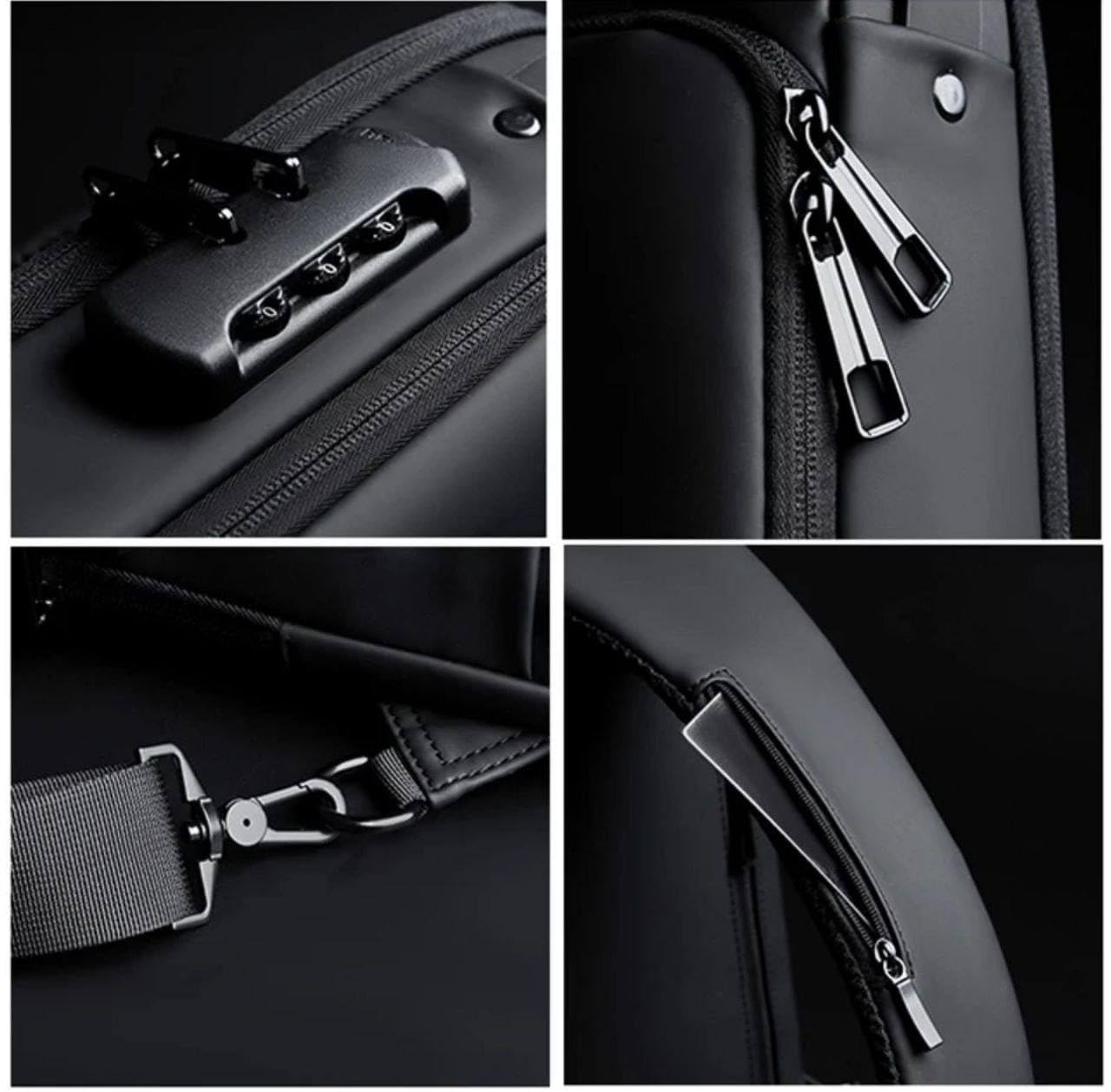 Tannero Black Urban Anti-Theft Sling Bag with Lock, USB Port & PU Strap