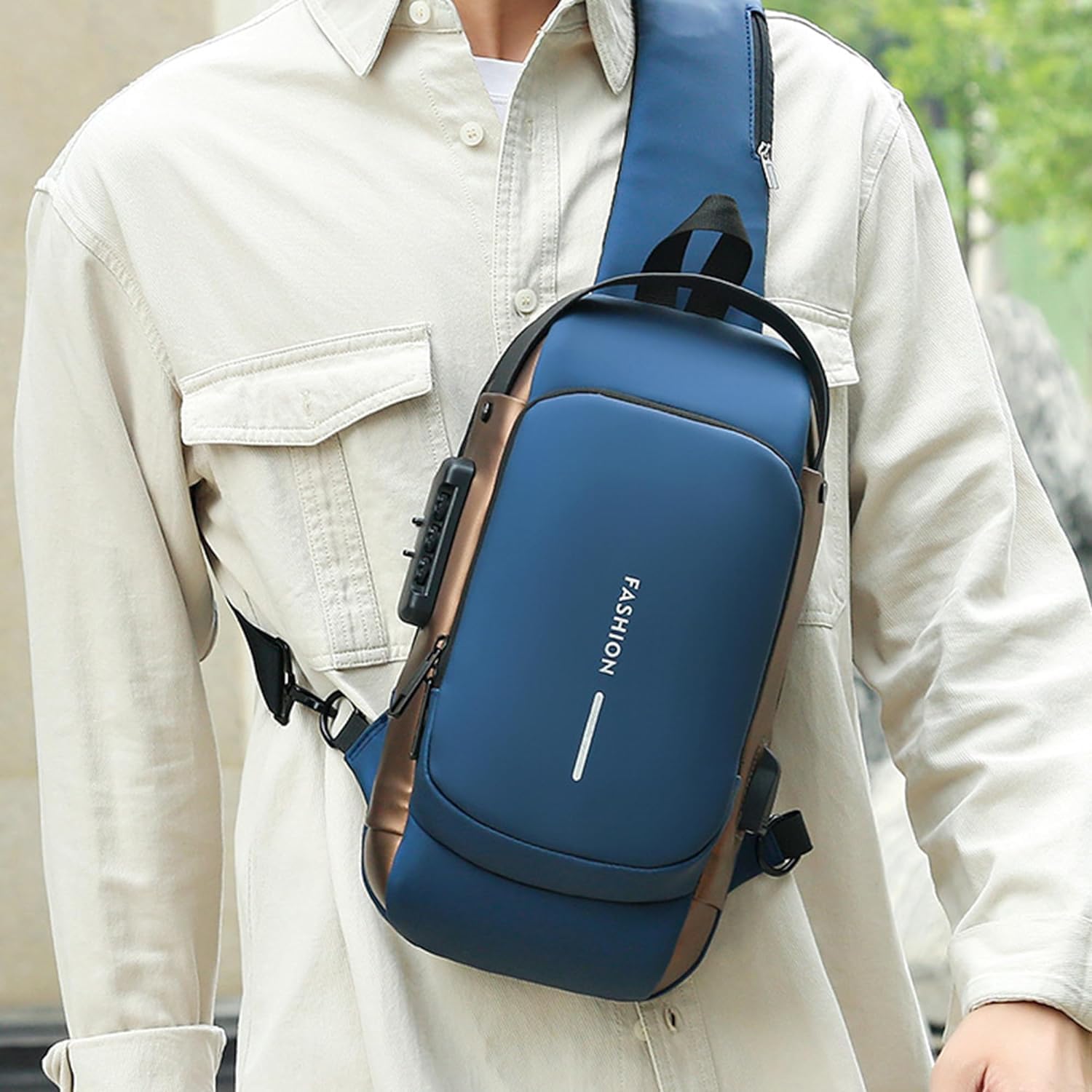 Tannero Blue Urban Anti-Theft Sling Bag with Lock, USB Port & PU Strap