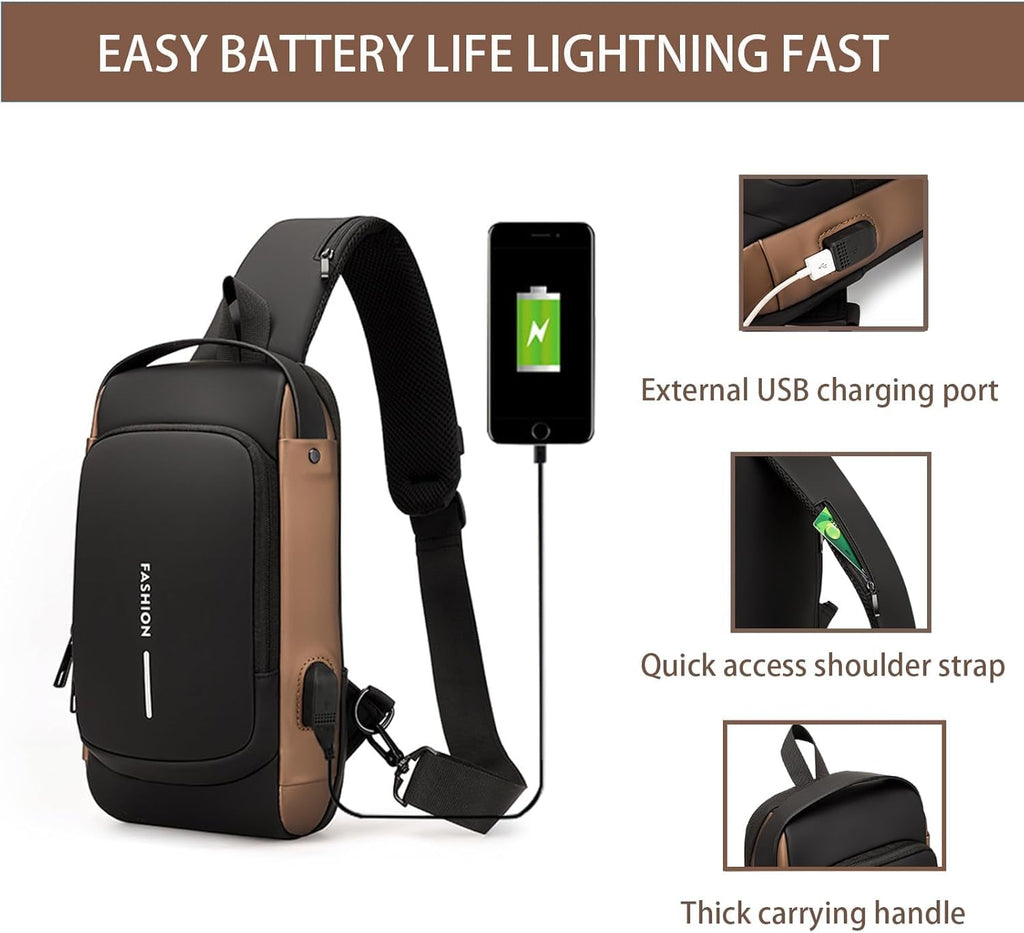 Tannero Black Urban Anti-Theft Sling Bag with Lock, USB Port & PU Strap