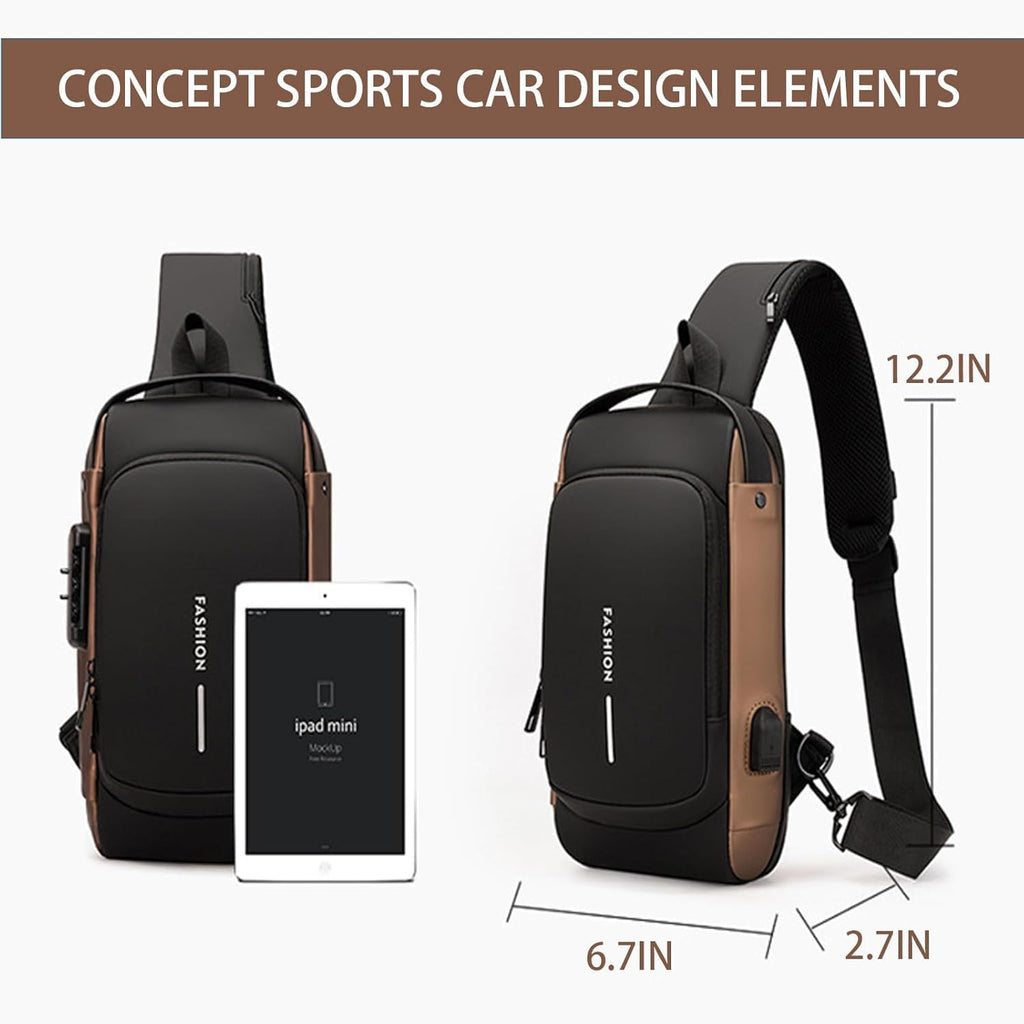 Tannero Black Urban Anti-Theft Sling Bag with Lock, USB Port & PU Strap