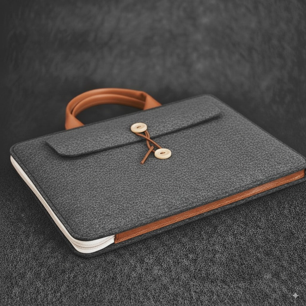 Tannero Professional Felt Laptop Bag, Brown Leather Handles, Business Briefcase, Upto 15.6 inch laptop (Grey Melange)